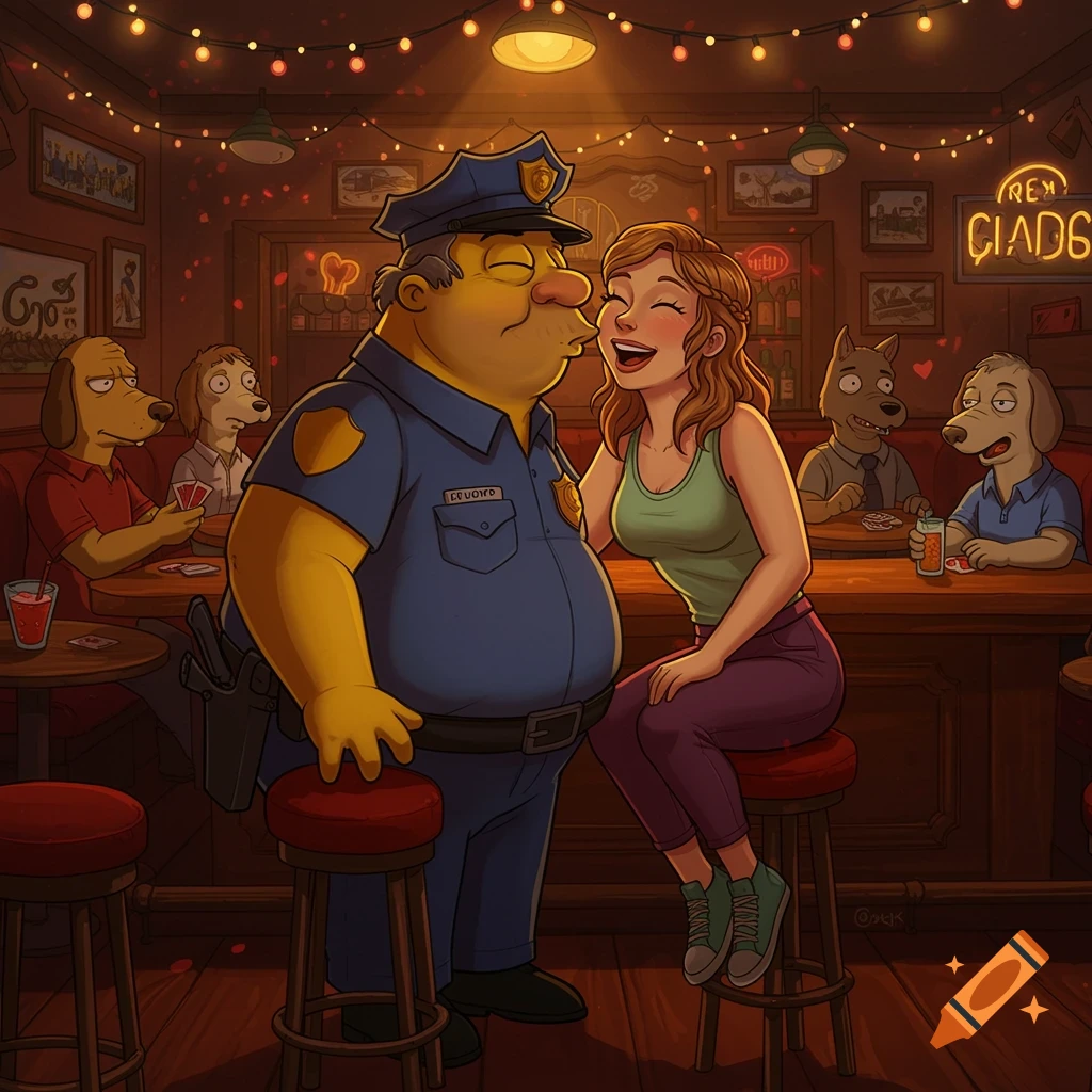 Cartoon police officer kissing a woman in a dimly lit bar, with dog characters in the background.