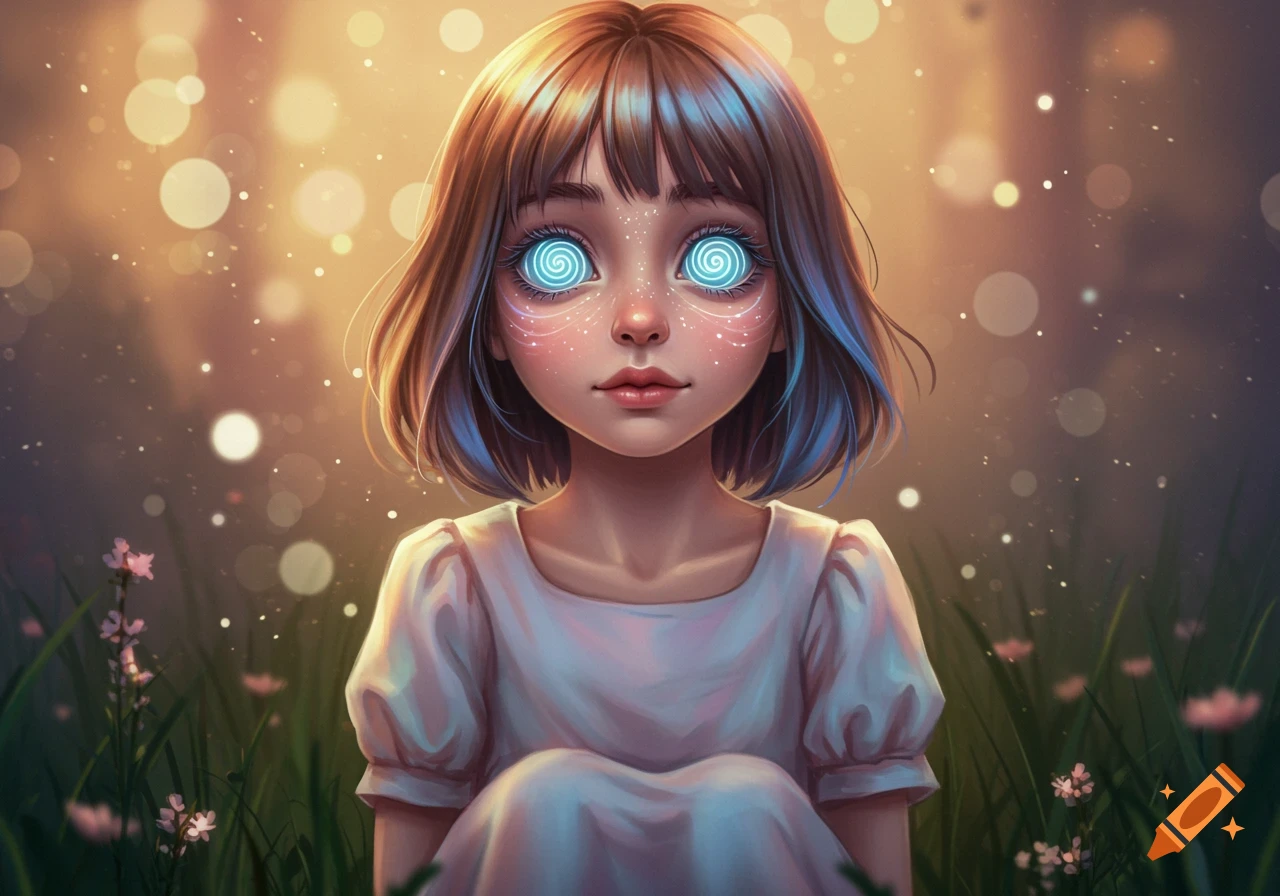 An illustration of a young girl with glowing blue spiral eyes sitting in a field of flowers with a golden bokeh background.