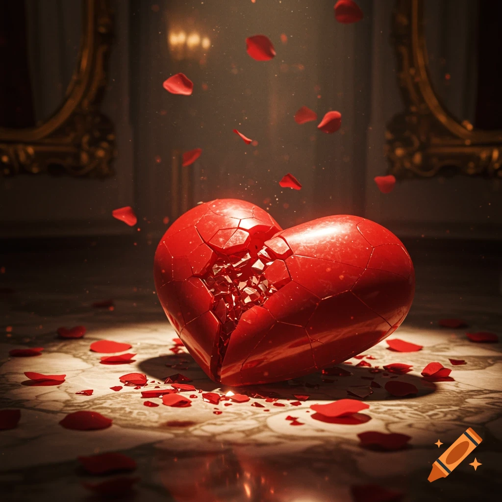 A shattered red heart lies on a marble floor amidst scattered rose petals in a dimly lit, luxurious room.