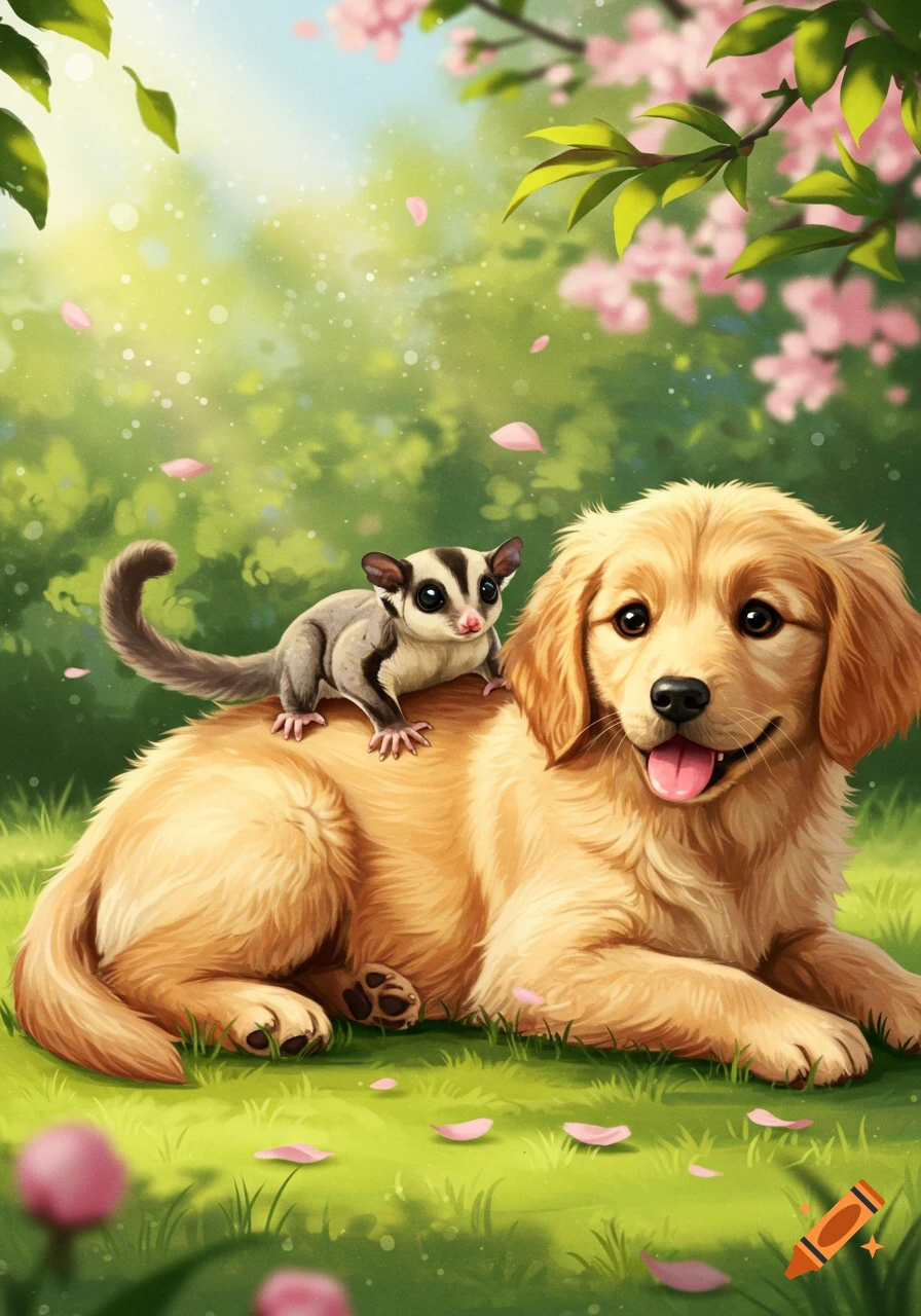 A cute golden retriever puppy lies in green grass with a sugar glider on its back, surrounded by falling pink cherry blossoms in a sunny illustration.