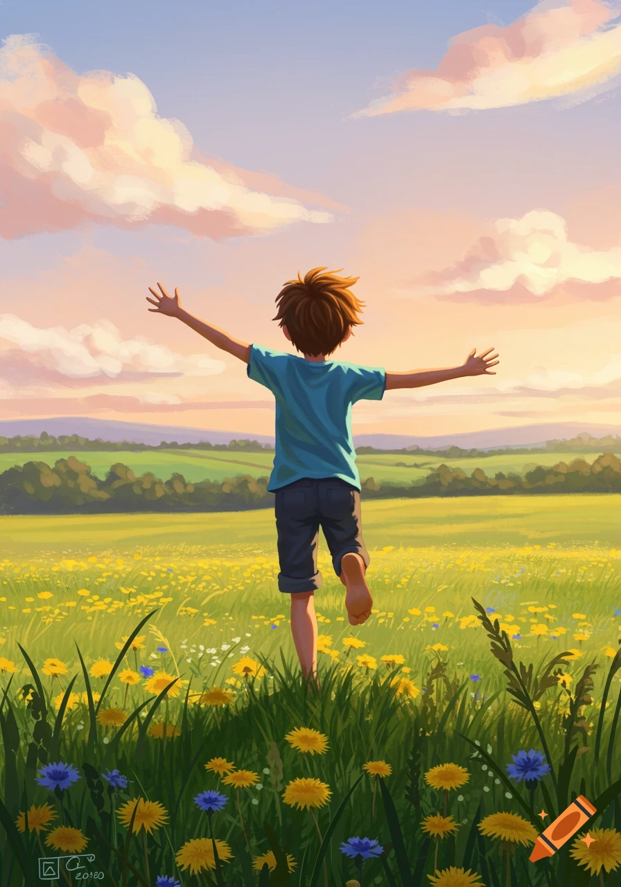A cartoon boy running joyfully through a field of yellow and blue flowers under a vibrant sunset sky, arms outstretched.