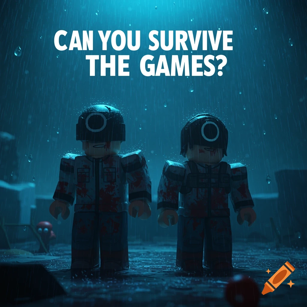 Two Roblox-style characters in black helmets with circles and bloody outfits stand in the rain. Above them, bold white text reads "CAN YOU SURVIVE THE GAMES?". The scene is dark and moody.