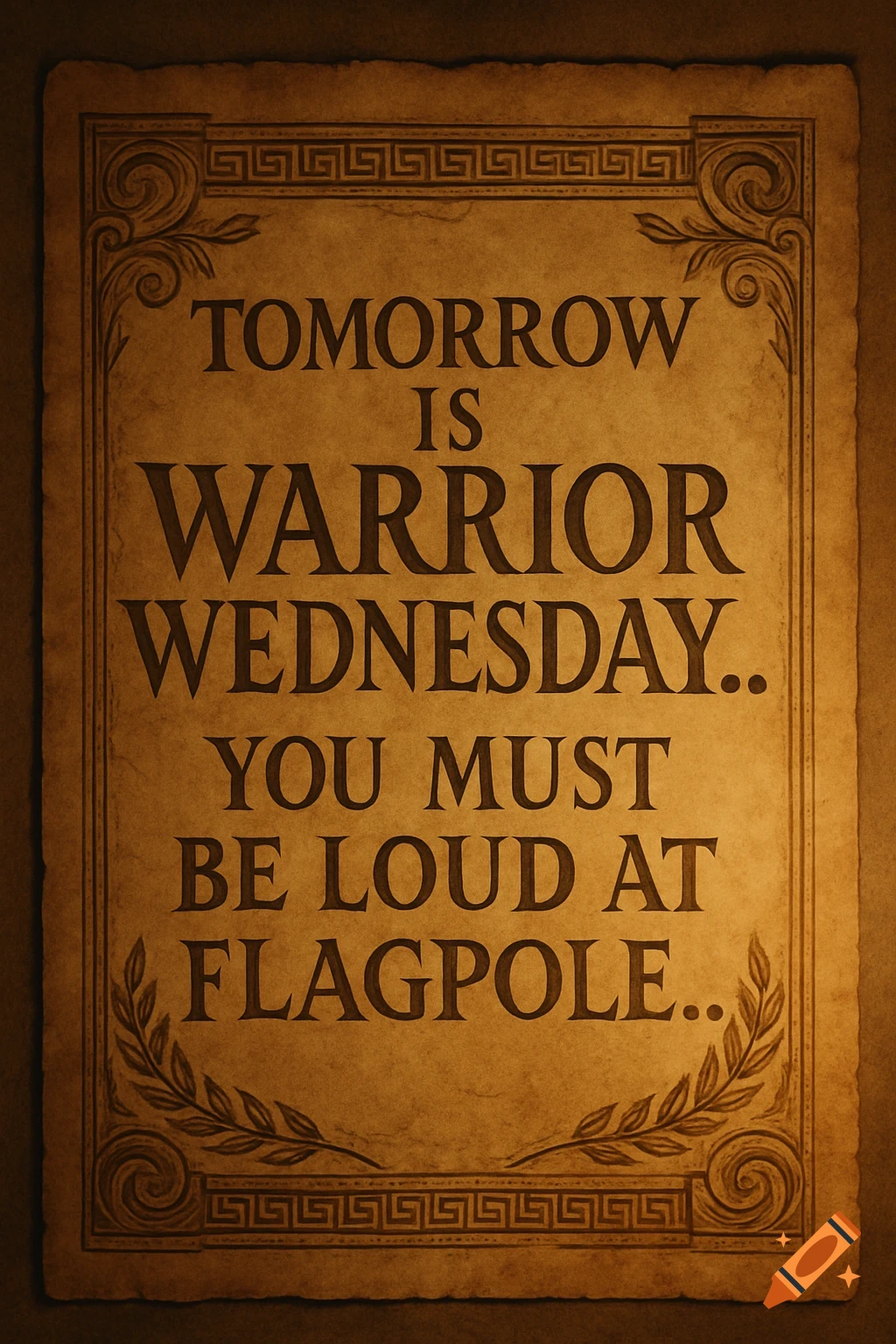 Ancient-style poster on parchment with decorative borders, featuring the bold text: 'Tomorrow is Warrior Wednesday.. You MUST be loud at flagpole..'.