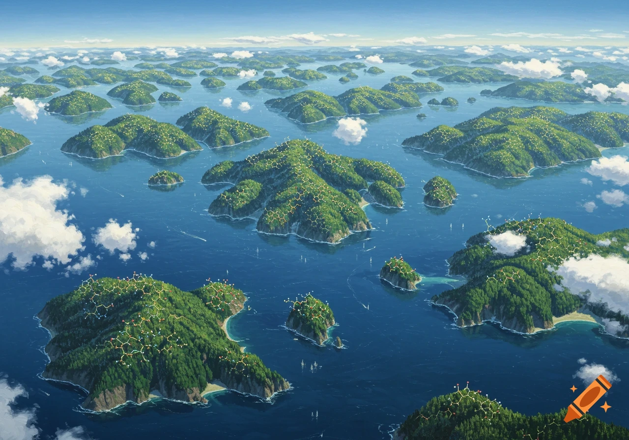 An aerial view of numerous green islands patterned with molecular structures in a blue sea under a clear sky.