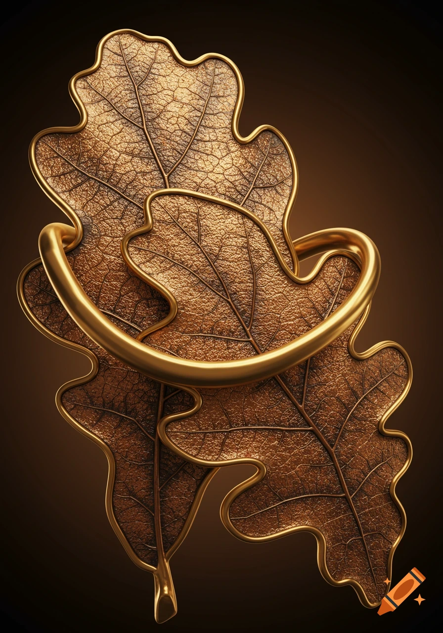 Two textured bronze oak leaves with smooth gold piping edges and a gold ring wrapped around them, on a dark brown background. Stylized art.