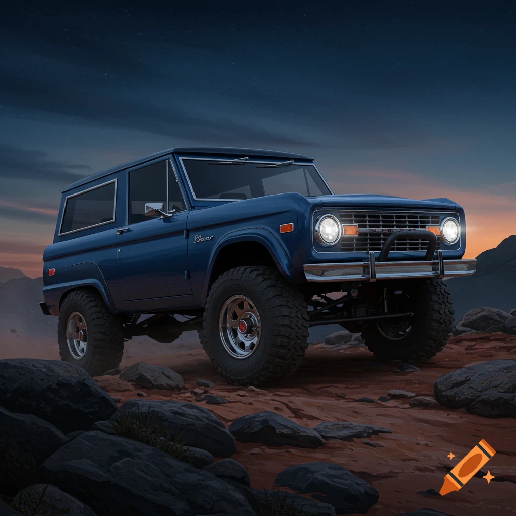 A dark blue classic Ford Bronco with high suspension is parked on rocky, reddish terrain under a dramatic sunset sky, illuminated by its headlights.