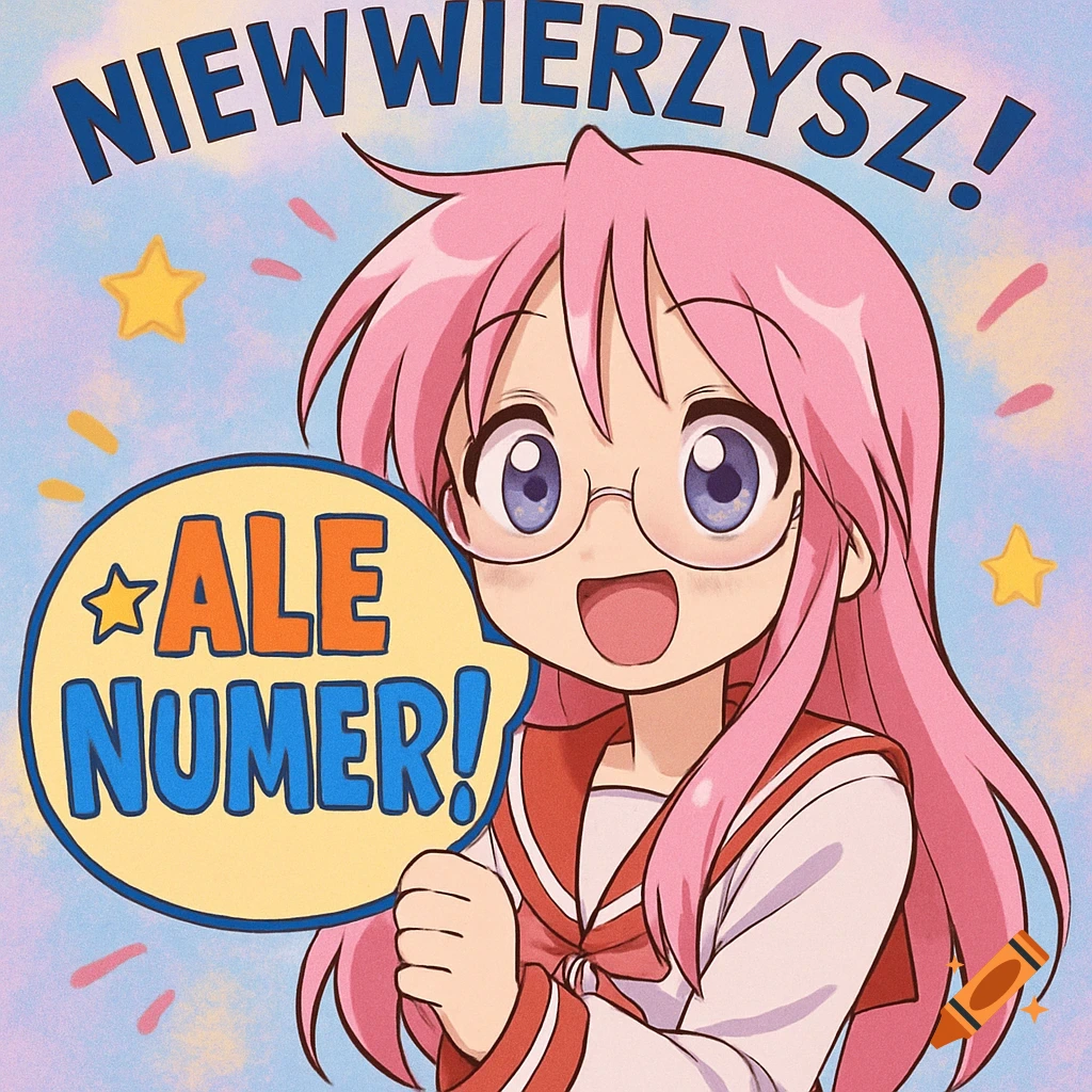 Excited anime girl Miyuki Takara with pink hair and glasses, with Polish text 'NIEWWIERZYSZ!' and 'ALE NUMER!'