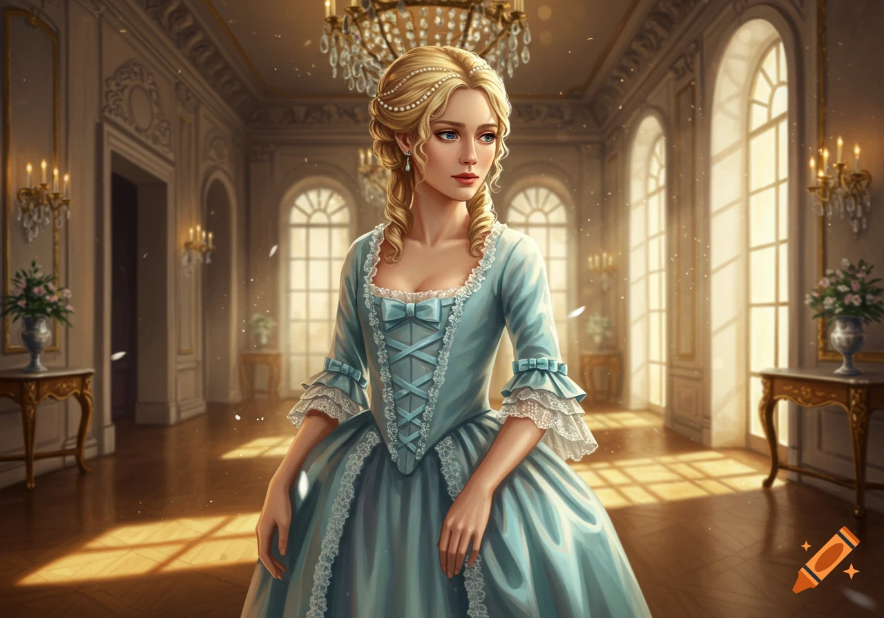 A blonde woman in a light blue 18th-century gown stands in a sunlit grand ballroom.