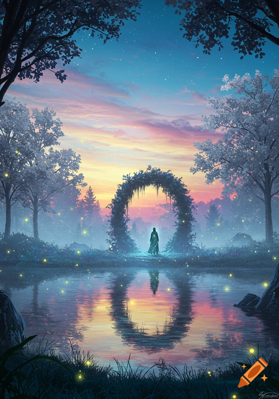A lone figure stands before a glowing vine archway reflected in a serene lake, surrounded by a magical forest at twilight with fireflies.