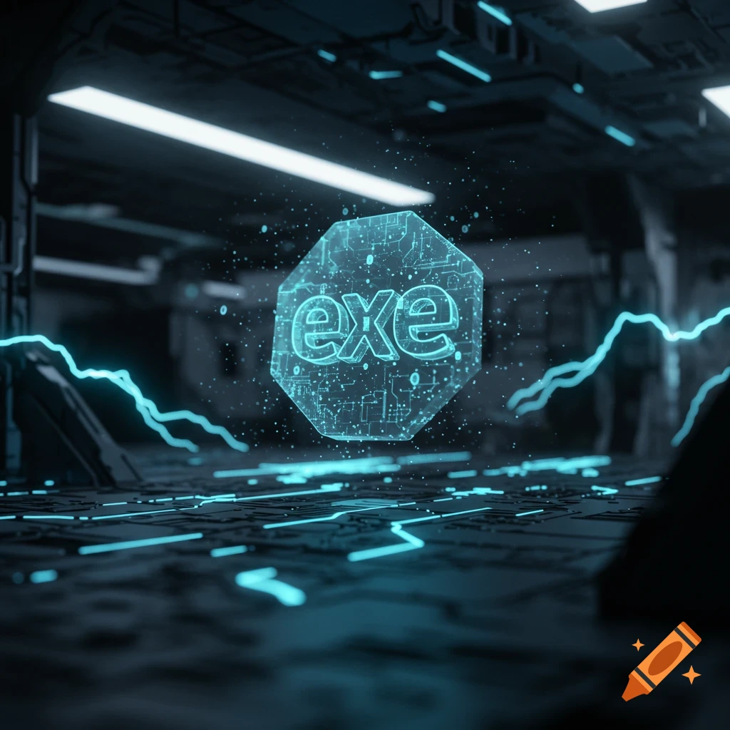 A glowing blue hexagonal 'exe' symbol floats in a dark, futuristic digital environment with circuit board patterns and neon blue light trails.