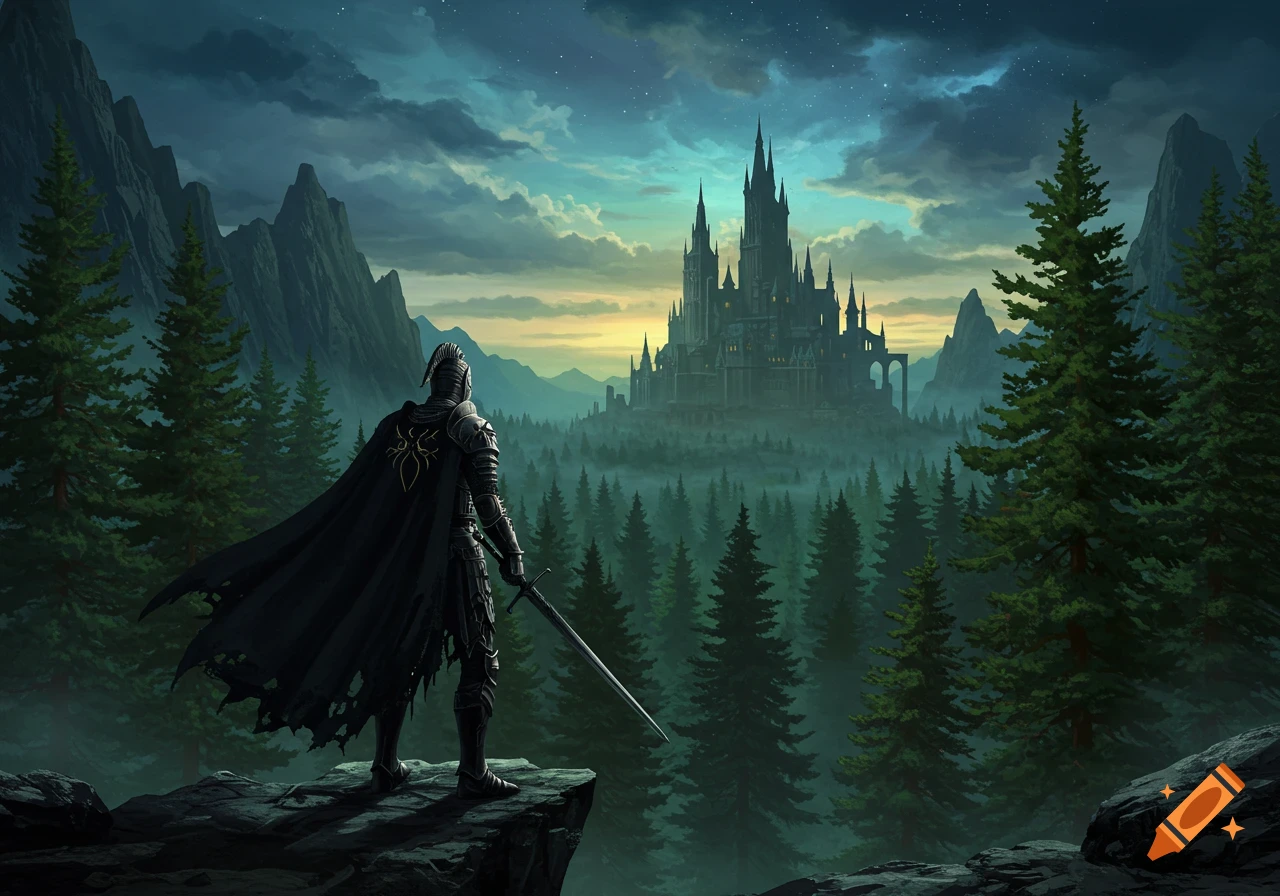A lone knight stands on a cliff overlooking a dark, misty forest and a Gothic castle under a dramatic sky.