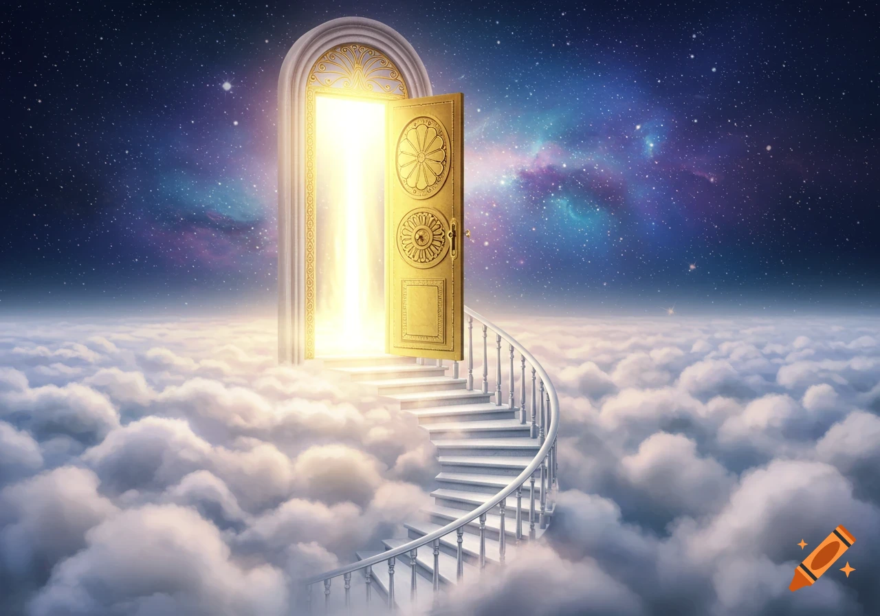 A spiral staircase leads through clouds to an ornate golden door opening to bright light and a starry galaxy.