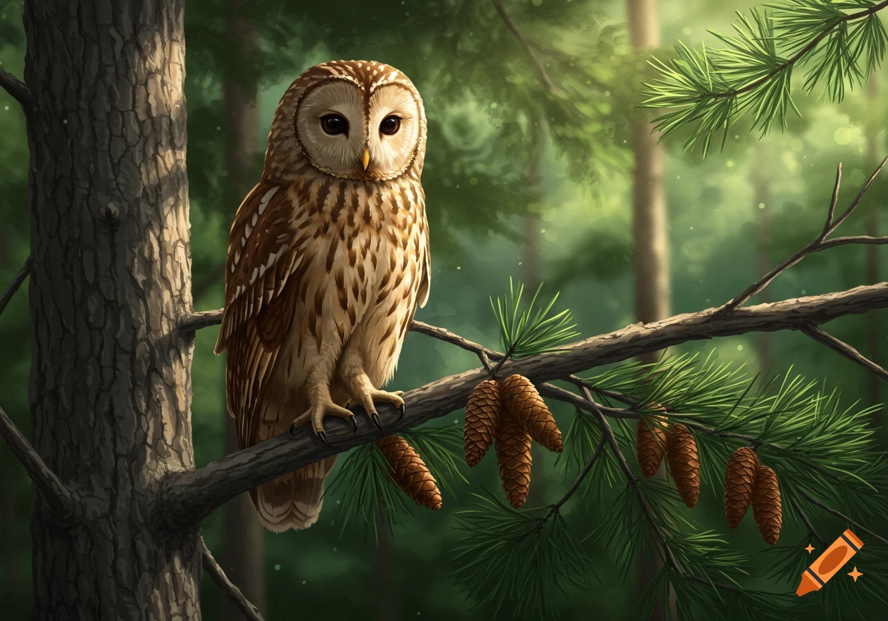 A brown and white barred owl perches on a pine tree branch with cones in a sunlit forest, digital illustration.