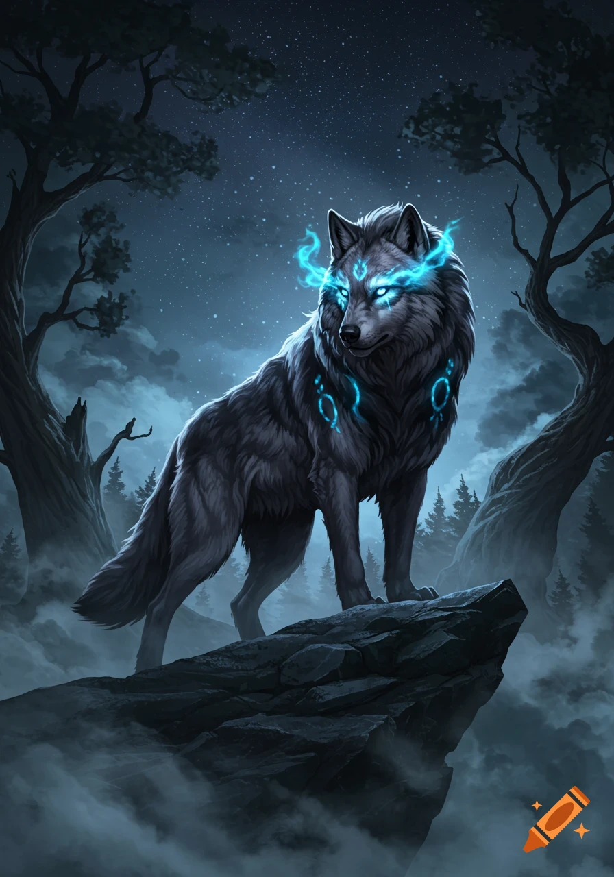 A mystical wolf with glowing blue eyes and markings stands on a rock in a moonlit forest.