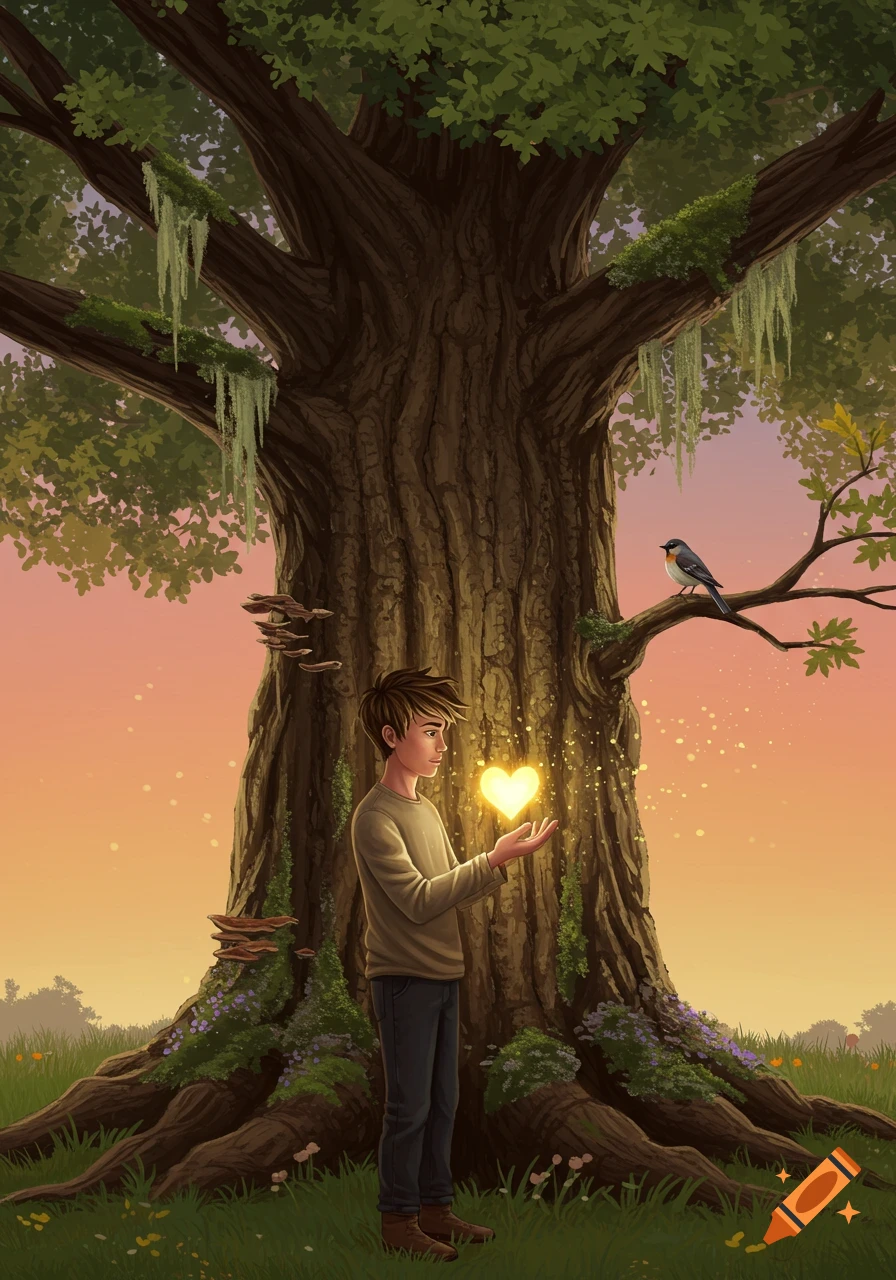 Young man stands under a large tree, holding a glowing heart, as a bird watches from a branch. Illustrated in a vibrant fantasy style.