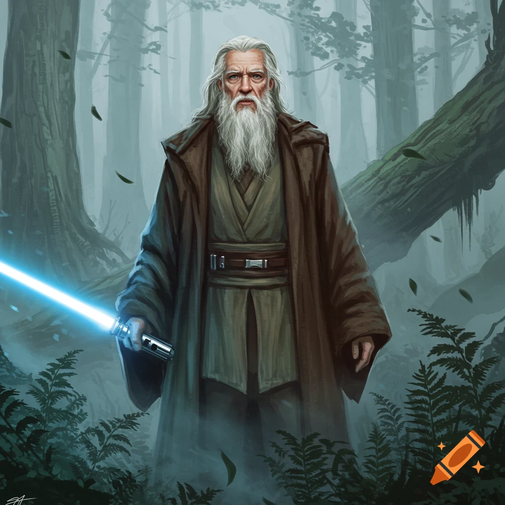 An old bearded man resembling a Jedi, holding a glowing blue lightsaber in a misty forest, digital painting.