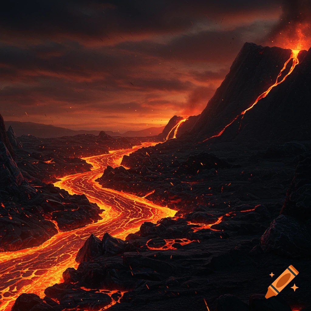 A dark, fiery volcanic landscape with a glowing river of molten lava winding through jagged black terrain under a smoke-filled, red sky.