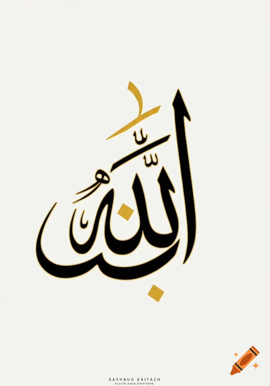 Modern abstract Arabic calligraphy of the word Allah in black with gold accents on a cream background.