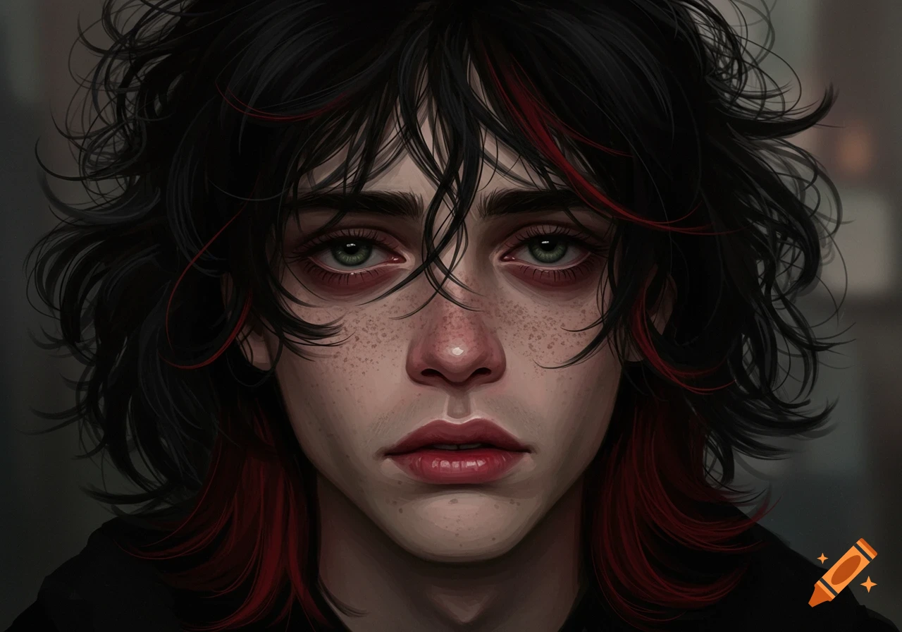 Close-up digital art portrait of a person with messy black and red hair, dark green eyes with prominent dark circles, freckles, and chapped lips.