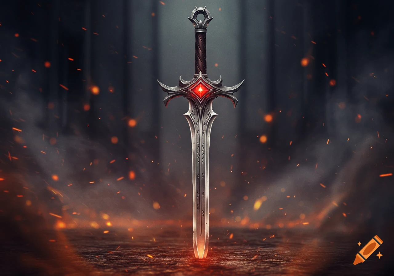 A detailed silver fantasy sword with a glowing red gem on its hilt, standing upright amidst fire sparks and smoke in a dark setting.