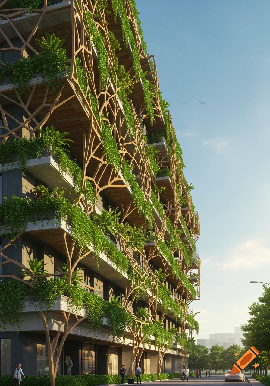 A tall, modern apartment building with balconies covered in lush green plants and an intricate wooden lattice facade, set against a clear blue sky.
