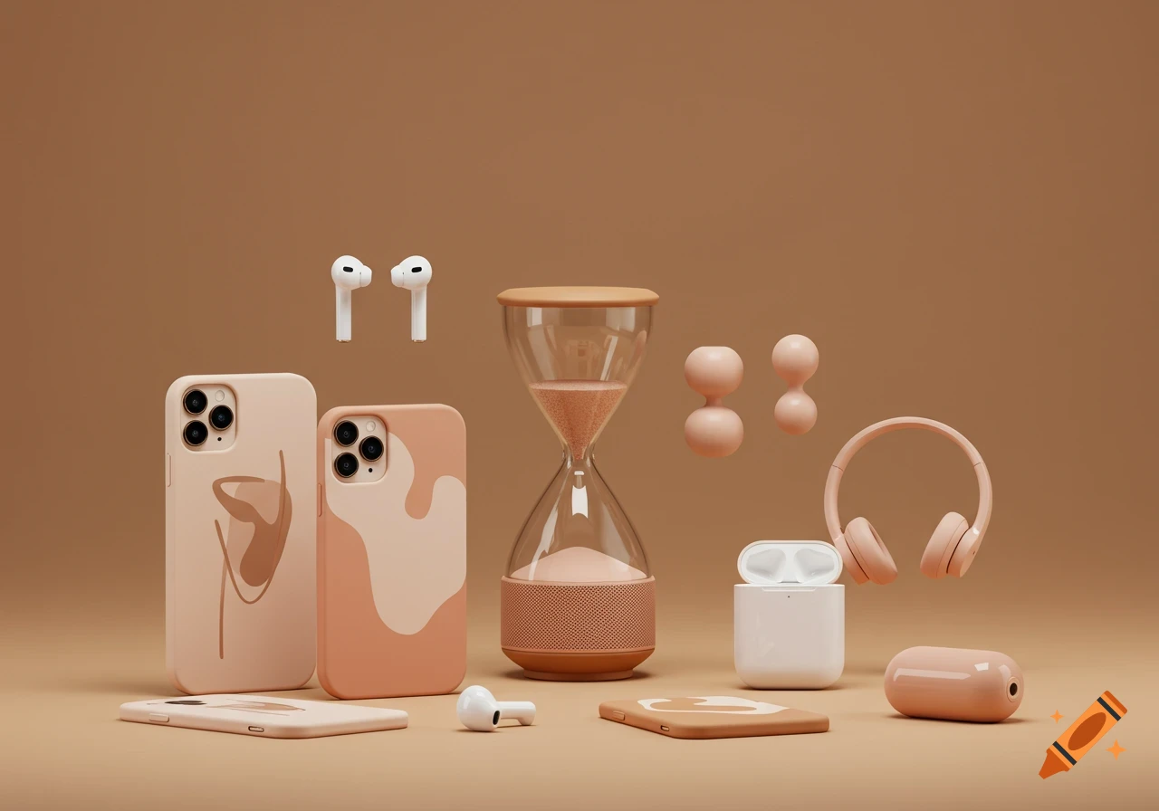 A collection of pink and beige mobile accessories, including phone cases, AirPods, headphones, and an hourglass, arranged on a neutral background.