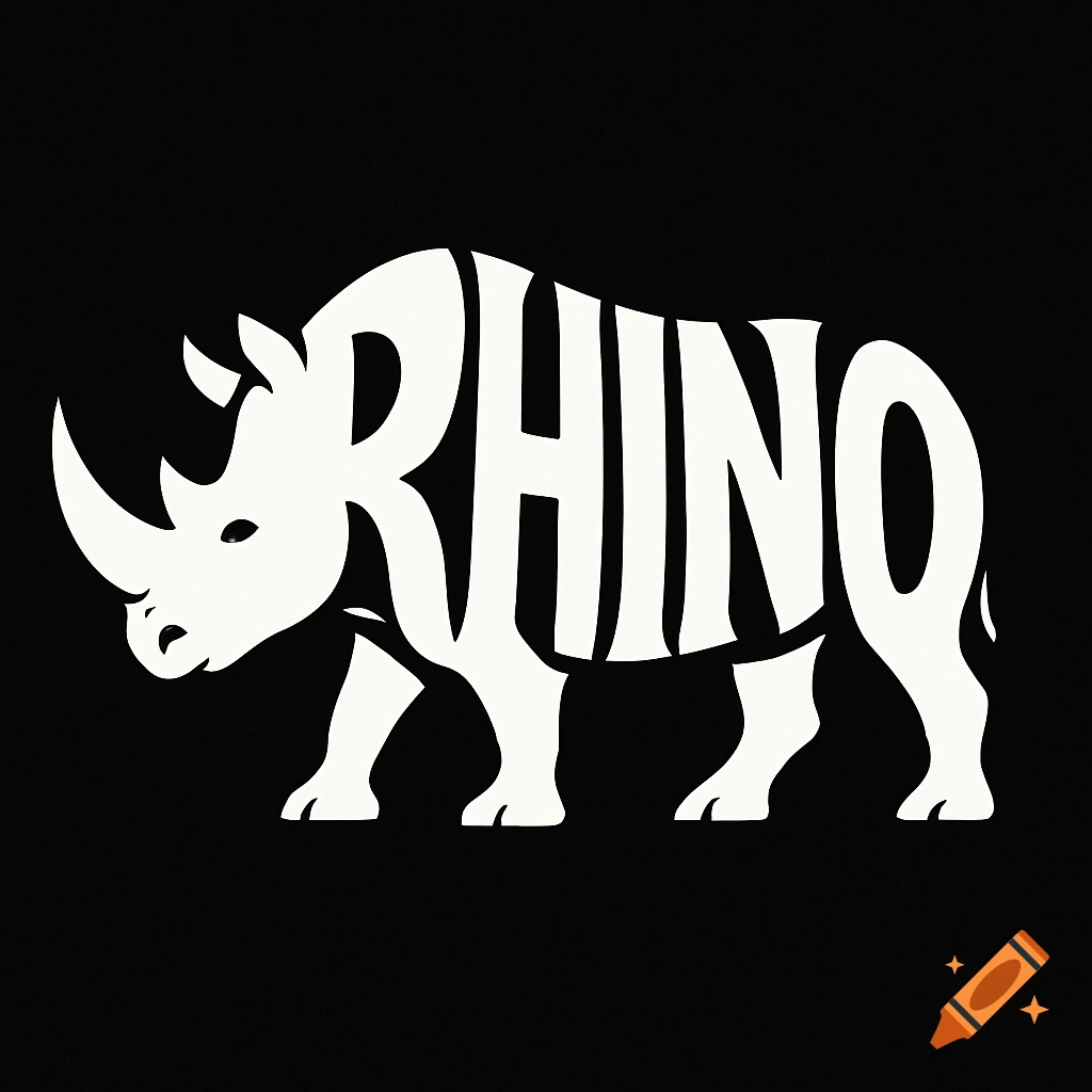 A white silhouette of a rhino formed by the letters 'RHINO' on a black background.