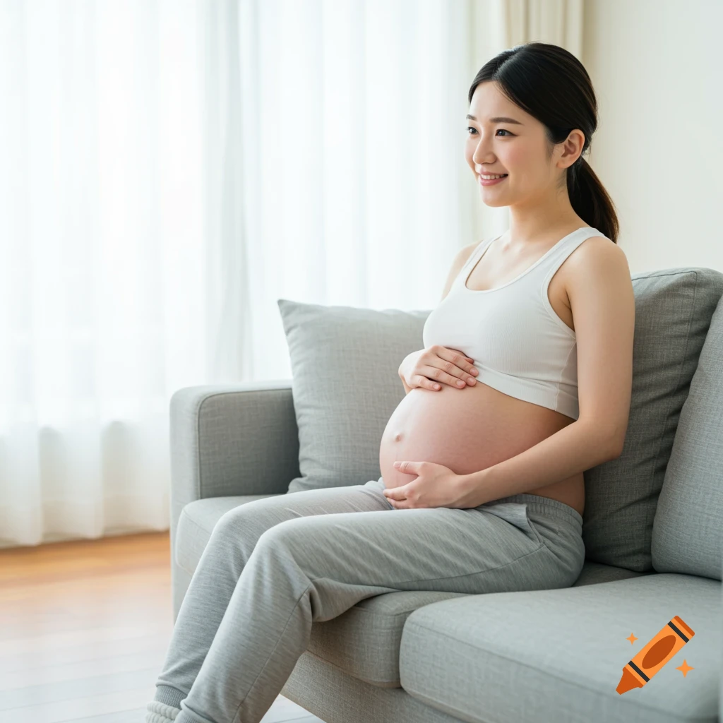 An Asian pregnant woman wearing a white bra and gray sweatpants sits smiling on a gray couch, holding her belly.
