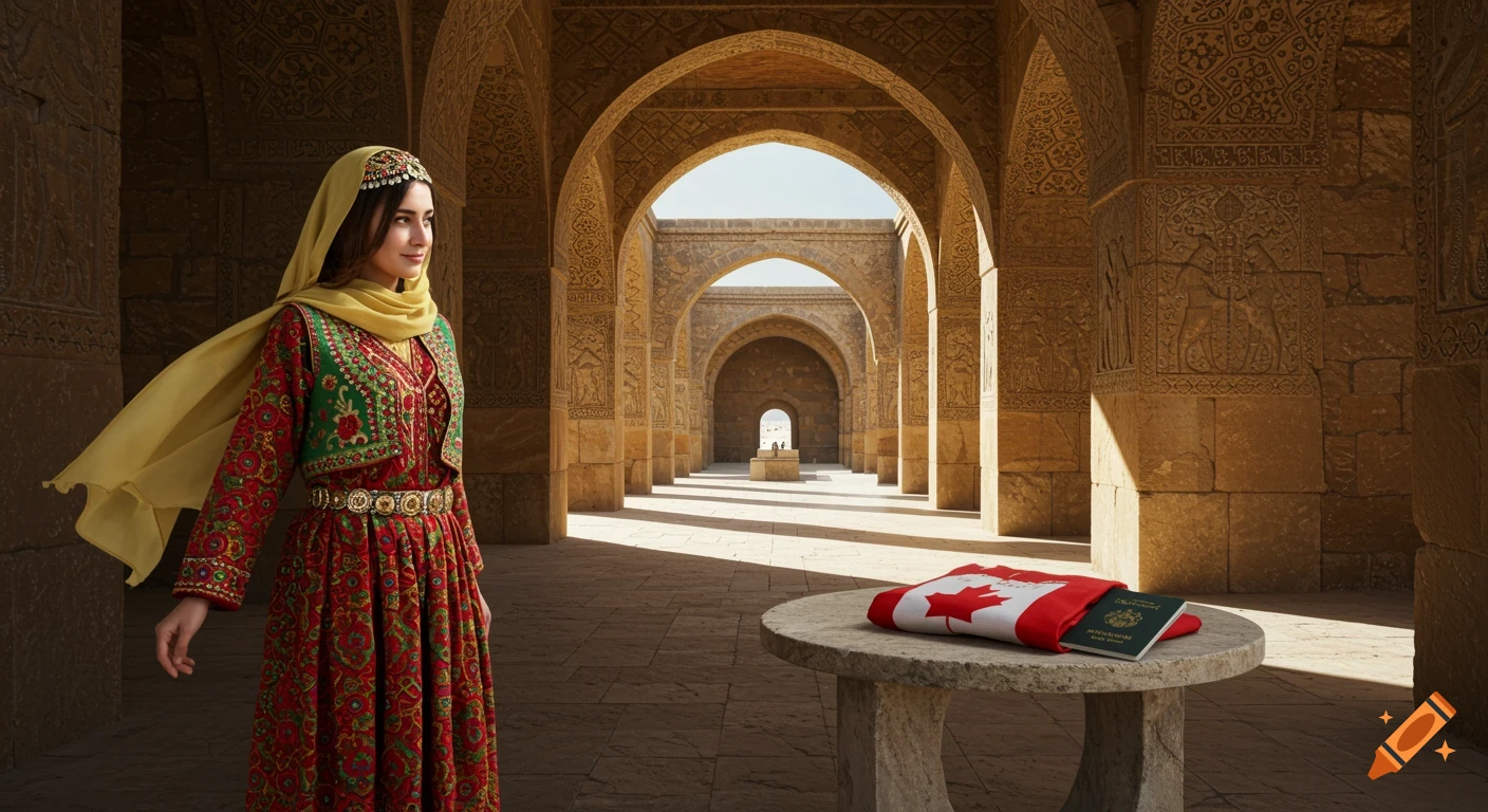Photorealistic image of a Kurdish woman in traditional dress, yellow headscarf, in a Sasanian palace. A Canadian flag and passport are on a stone table.