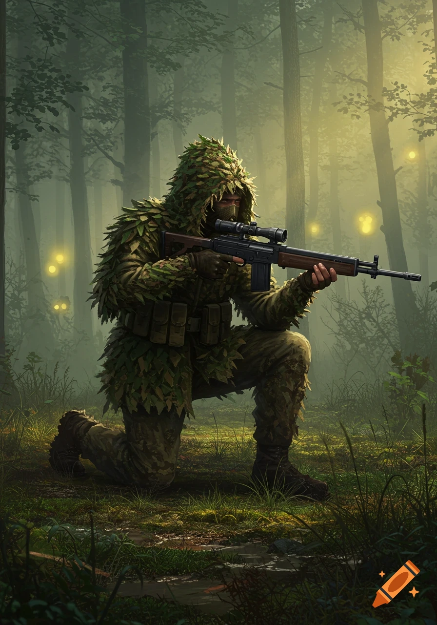 A soldier in a ghillie suit kneels in a foggy forest, aiming a sniper rifle. Golden light filters through the trees.