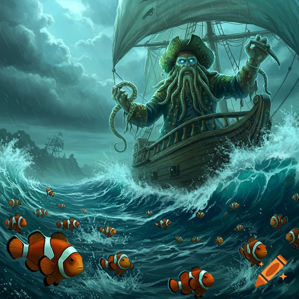 Davy Jones on a pirate ship in a stormy sea, surrounded by numerous clownfish.