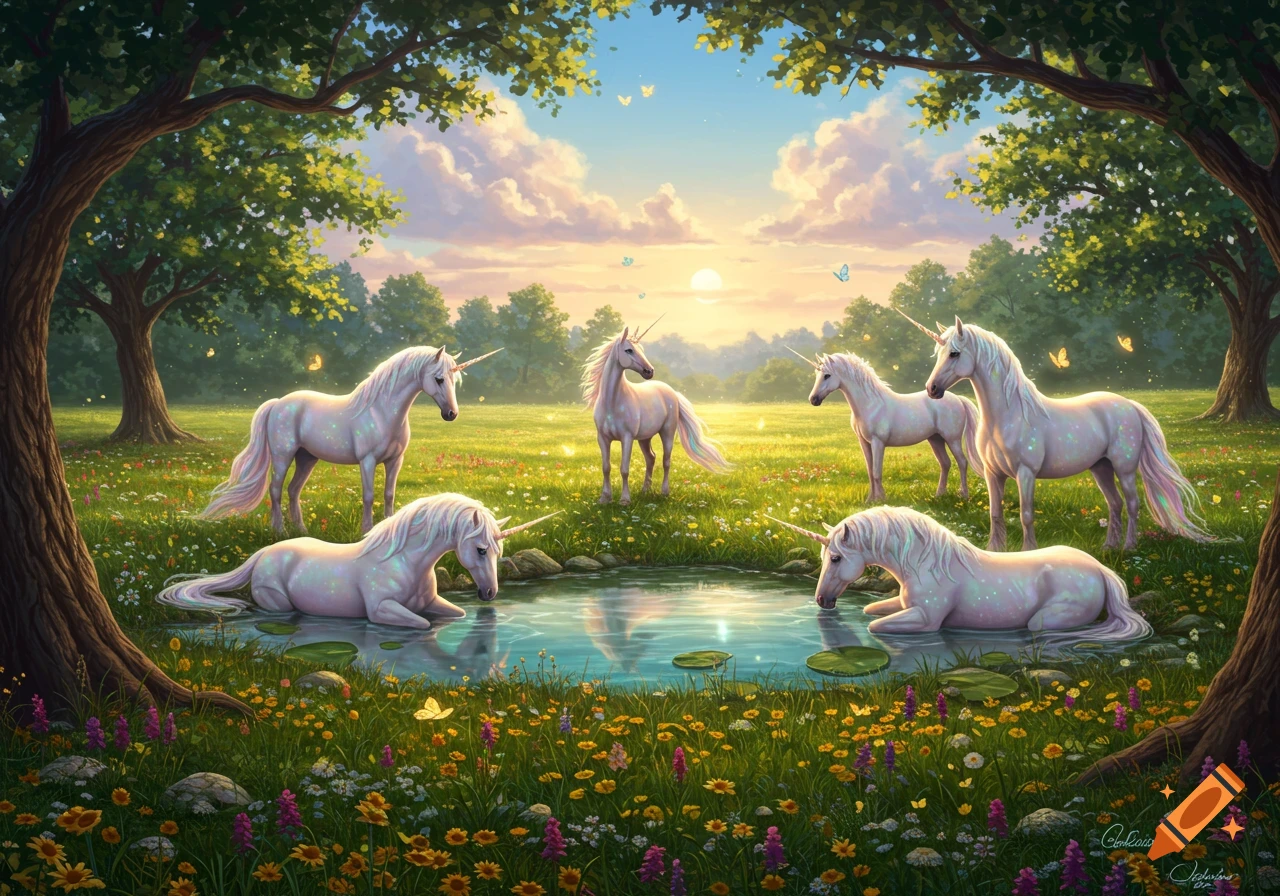 A group of six iridescent unicorns gathered around a sparkling natural spring in a lush, flower-filled meadow at sunset.