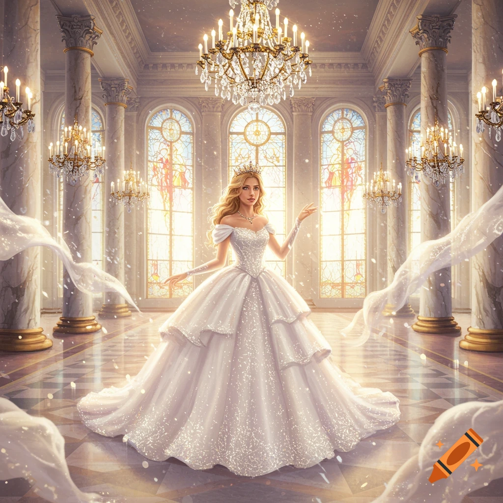 A beautiful princess in a sparkling white ball gown stands in a grand, chandelier-lit palace ballroom.