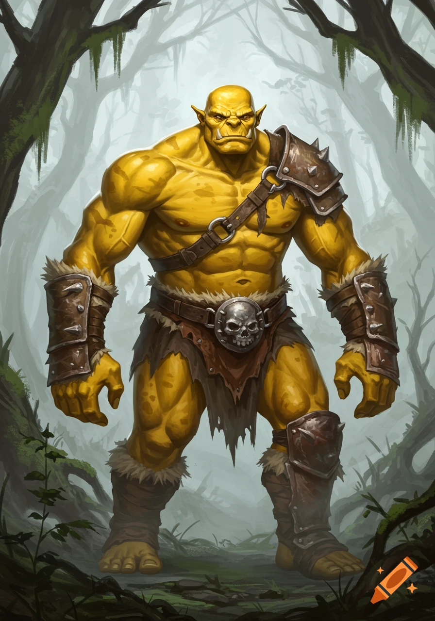 A large, muscular yellow-skinned ogre wearing spiked brown leather armor and a loincloth stands in a misty forest.