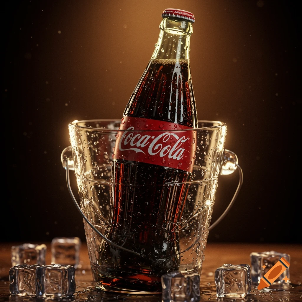 Photorealistic image of a Coca-Cola bottle in a glass ice bucket with melting ice cubes and water droplets.
