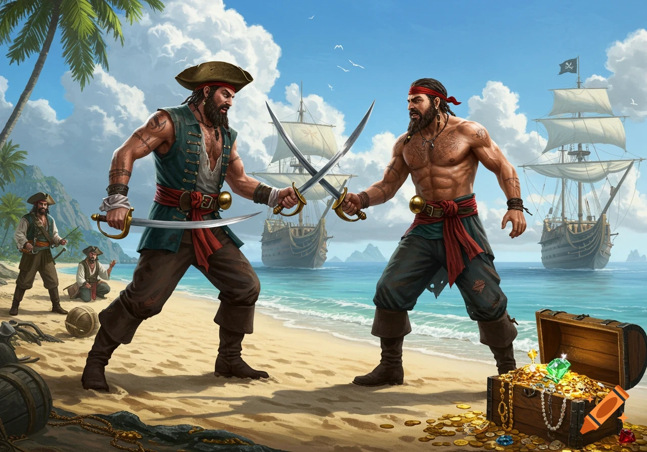Two muscular pirates duel with swords on a sandy beach near a treasure chest, with ships in the background, in a Maxfield Parrish style illustration.