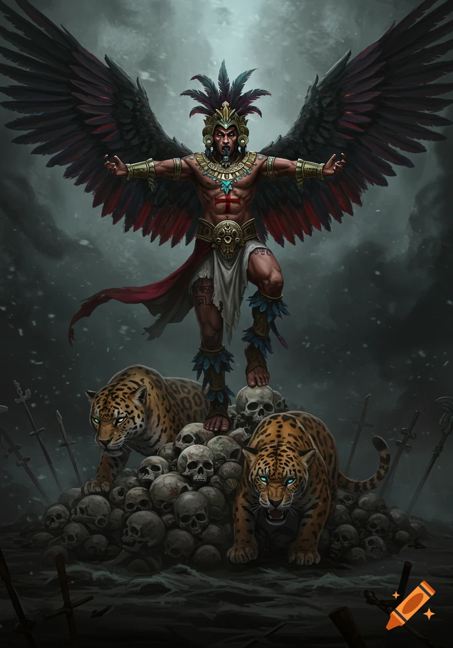 Huitzilopochtli as a warrior with wings and feathered feet stands on a mound of skulls with two jaguars. Dark fantasy art style.