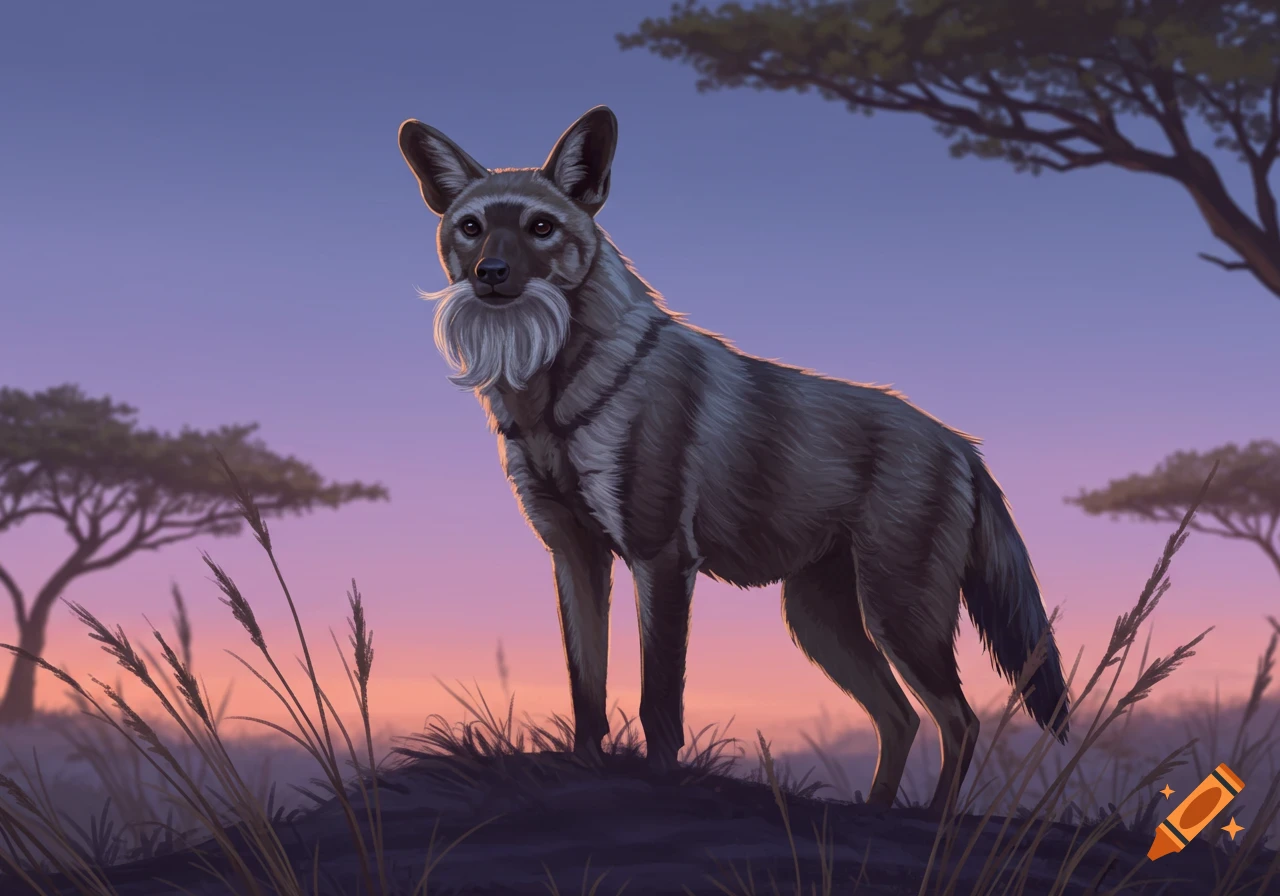 A striped, dog-like creature with a long white beard stands on a grassy mound in a savanna at dusk.