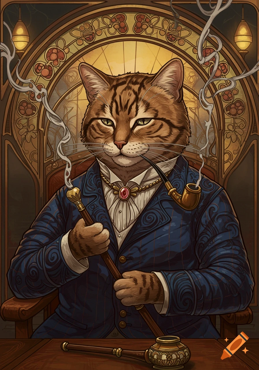 A dapper tabby cat in a blue pinstripe suit smokes a pipe and holds a cane against an ornate Art Nouveau background.