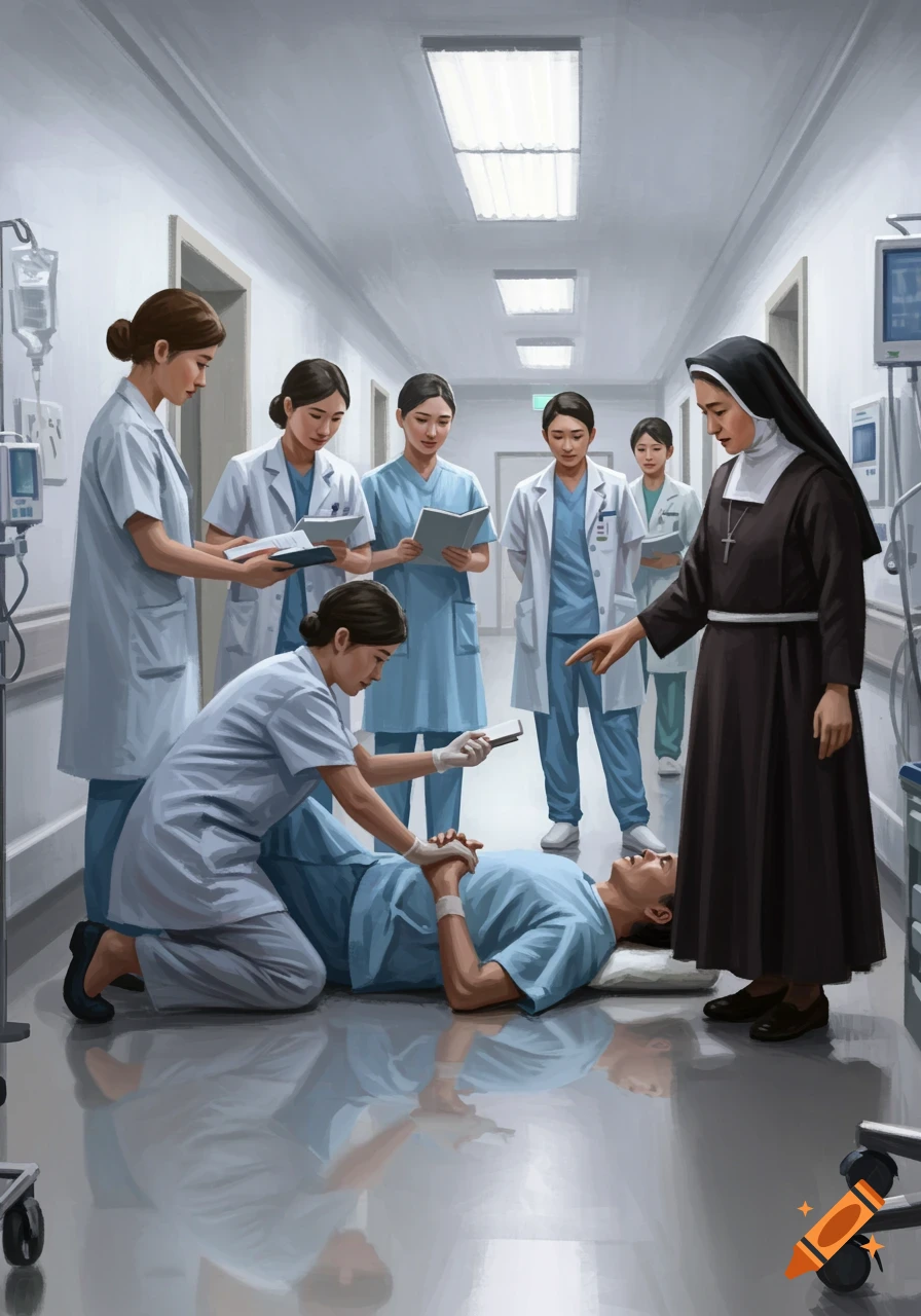 Nurses, doctors, and a nun attend to a patient who has fallen in a hospital corridor, depicted in a digital painting style.