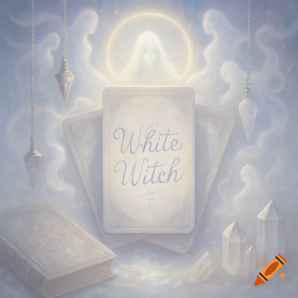 A mystical illustration featuring a "White Witch" tarot card, a book, crystals, and pendulums amidst ethereal clouds and a glowing figure.