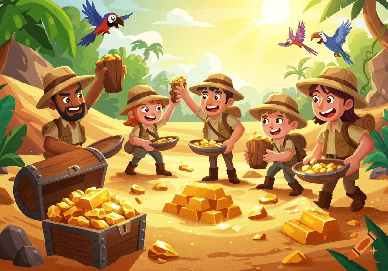 Happy cartoon adventurers, including adults and children, gather gold bars from a treasure chest in a sunny jungle.