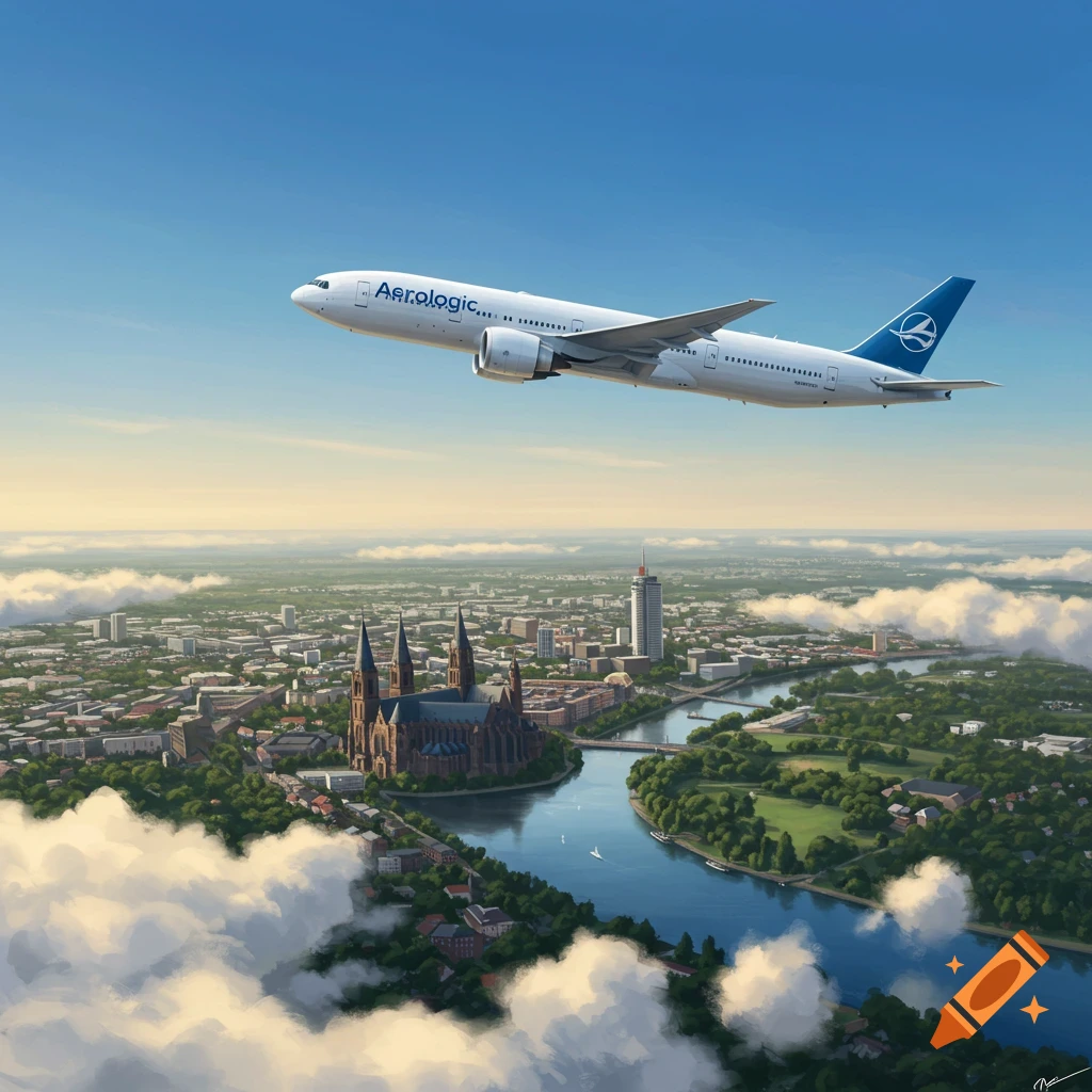 An Aerologic Boeing 777 aircraft soars above the city of Muenster, Germany, with a river, buildings, and a large cathedral.