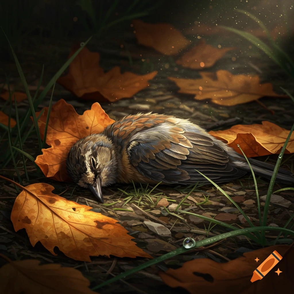 A dead bird lies on the forest floor, surrounded by fallen autumn leaves and grass.