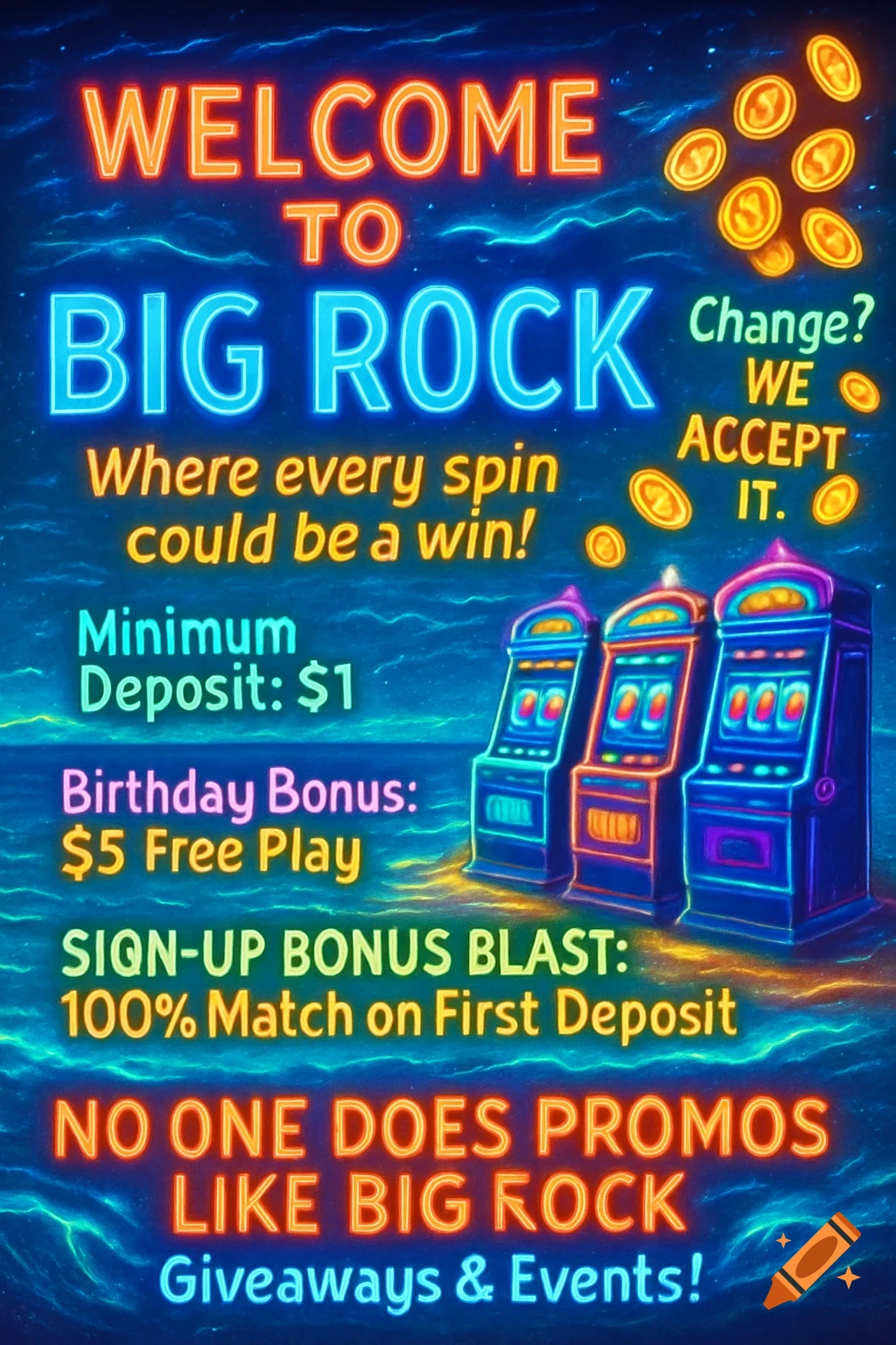 A vibrant neon promotional poster for "Big Rock" casino, featuring text about welcome bonuses, minimum deposit, and slot machines.
