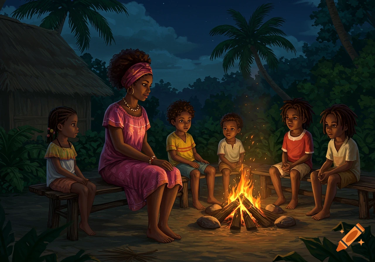 A woman and five children sit around a crackling campfire at night in a tropical Caribbean setting, under palm trees.