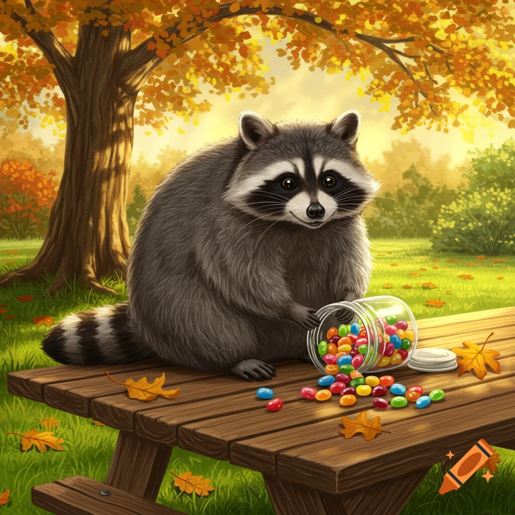 A cute, fluffy raccoon sits on a wooden picnic table, spilling colorful jelly beans from a glass jar in an autumn park.