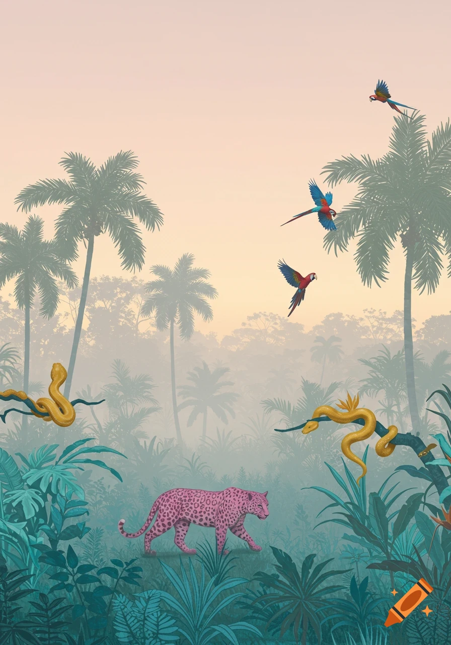 A stylized jungle scene with a pink leopard, golden snakes on branches, macaws flying, and palm trees against a foggy sunrise.