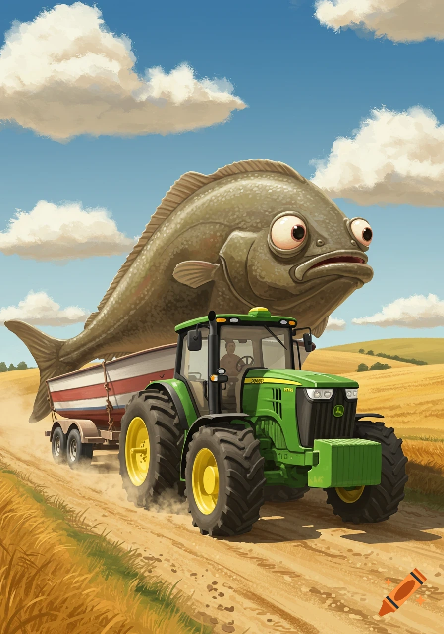 A cartoon green John Deere tractor pulls a large, wide-eyed fish on a white and red trailer down a dirt road through a field under a blue sky with clouds.