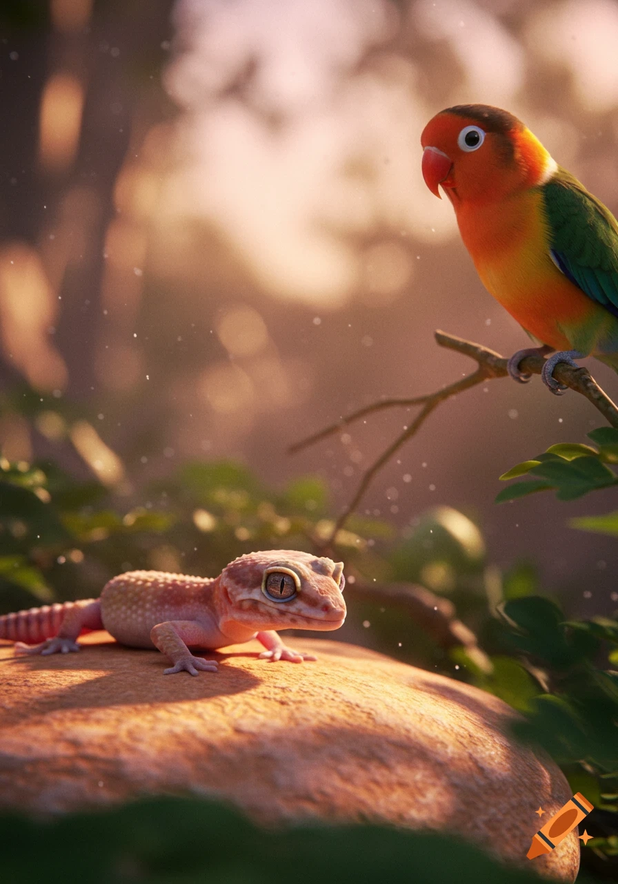 A photorealistic gecko on a rock gazing at a lovebird on a branch in soft sunset light.